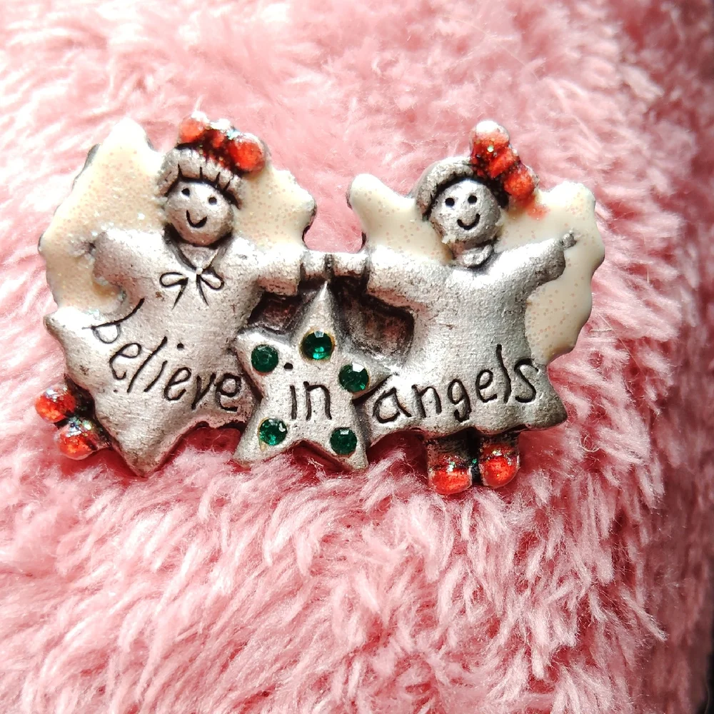 Silver Angel Brooch with Green and Red Accents Believe